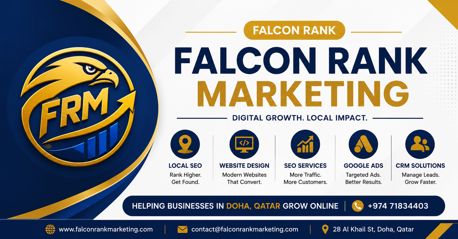Falcon Rank Marketing banner, digital marketing agency in Doha, Qatar offering Local SEO, Website Design & Development, Google Ads, CRM Solutions, Social Media Marketing & Management, Google Business Profile Optimization and more.