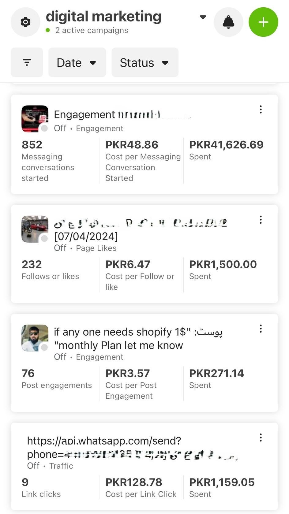 Falcon Rank Marketing - Digital Marketing Agency Facebook Ads Manager dashboard showing engagement, page follow, and traffic campaign results with cost per action metrics.