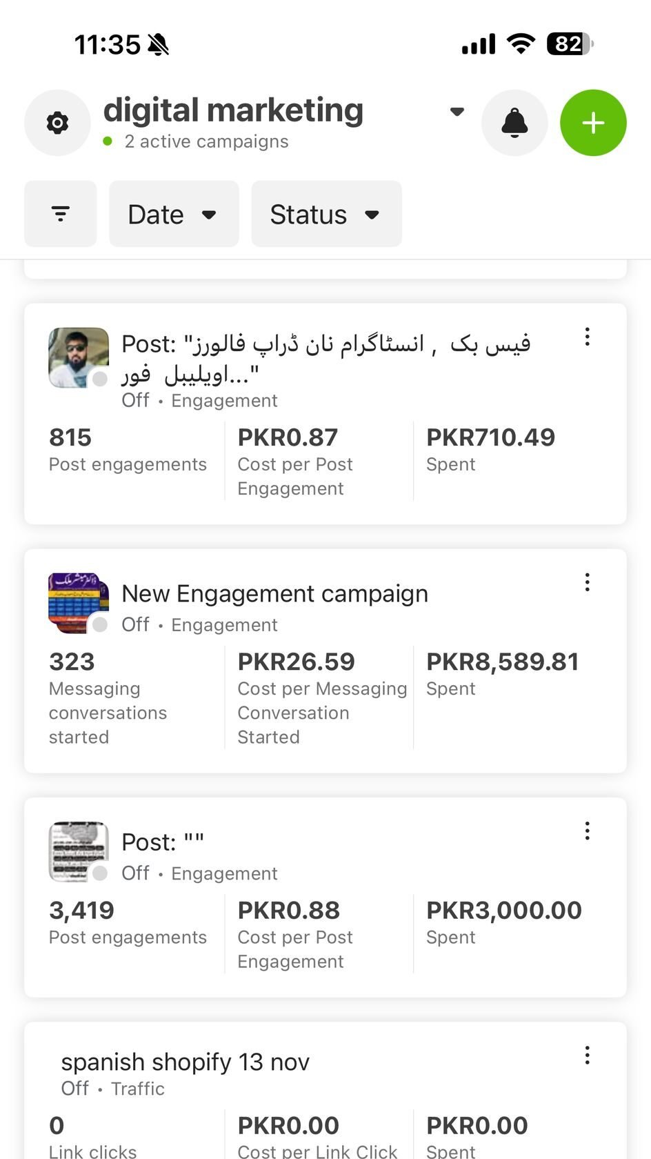 Falcon Rank Marketing - Digital Marketing Agency Facebook Ads Manager dashboard showing multiple engagement and traffic campaigns with post engagement, messaging conversation, and link click results.