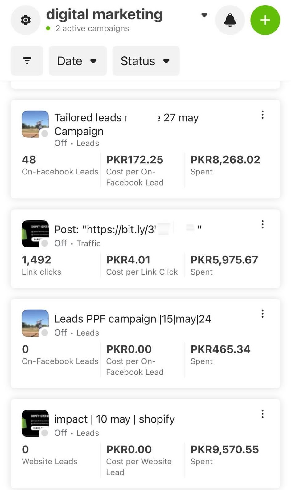 Falcon Rank Marketing - Digital Marketing Agency Facebook Ads Manager dashboard showing lead generation and traffic campaign results, including 48 Facebook leads and 1,492 link clicks.