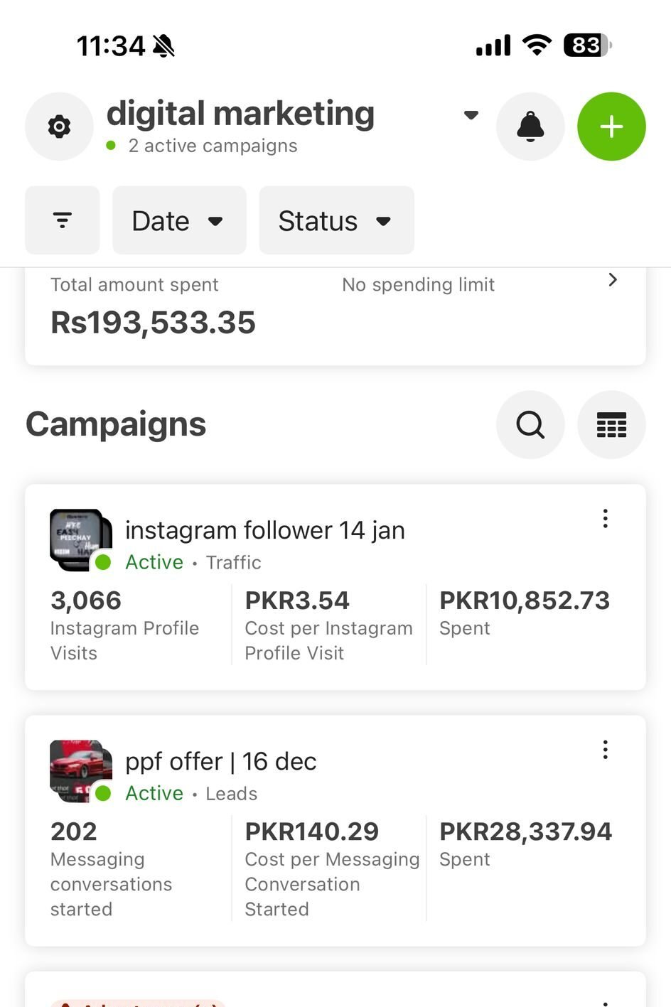 Falcon Rank Marketing - Digital Marketing Agency Facebook Ads Manager dashboard showing total campaign spend and active campaigns generating Instagram profile visits and messaging conversations.